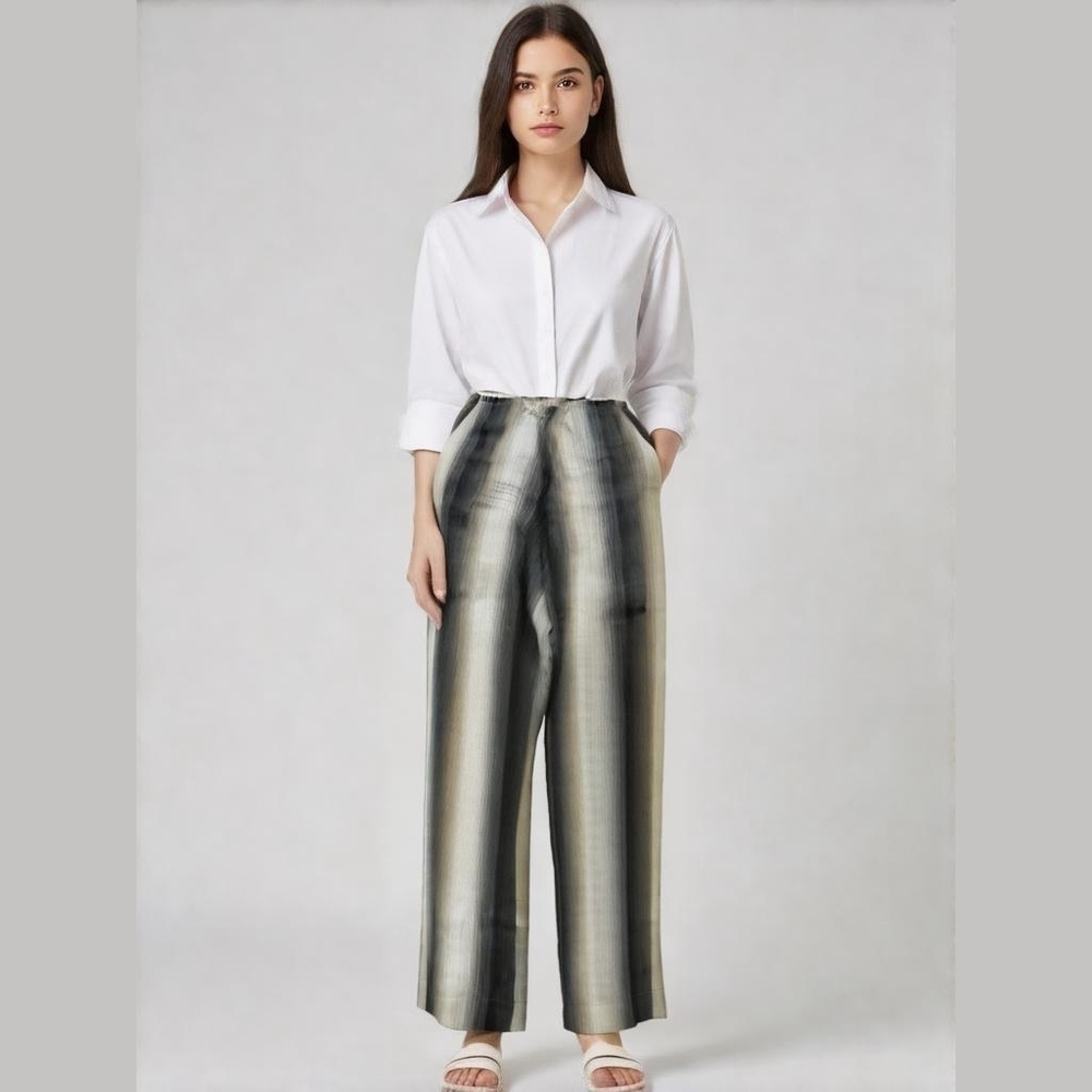 ALEMBIKA Linen Blend Wide Leg Pant 4 US 10 12 Israel Beige White and Navy blue